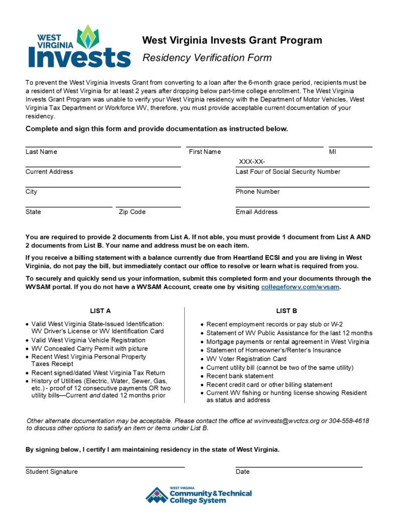 West Virginia Invests Grant Program Residency Verification Form (PDF).